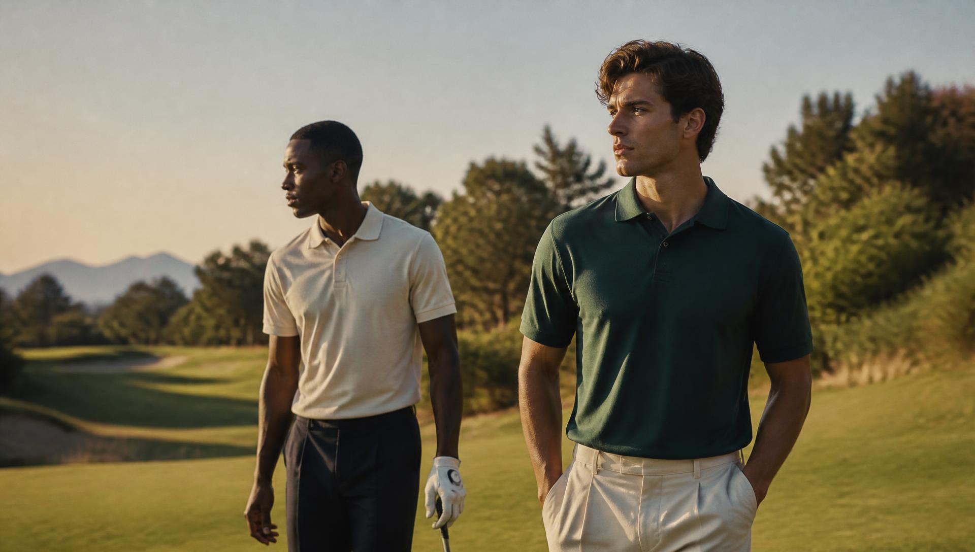 Two golfers in Hole Huntr apparel walking a fairway at golden hour